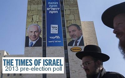 Ultra-Orthodox Jews walk in front of campaign posters for the Likud-Beytenu list in Jerusalem, this week. (Photo credit: Yonatan Sindel/Flash90)