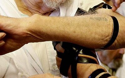 A Holocaust survivor with a number tattooed on his forearm puts on Tefillin (photo credit: Flash90)