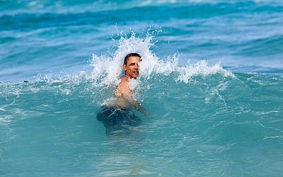 Obama's first attempt to reach Israel by swimming failed ignominously. In March he will take the plane. (photo credit: Pete Souza/Official White House photo)
