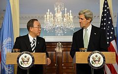 US Secretary of State John Kerry (right), and United Nations Secretary-General Ban Ki-moon address reporters after their meeting at the US Department of State in Washington, D.C., February 14 (photo credit: US State Department)