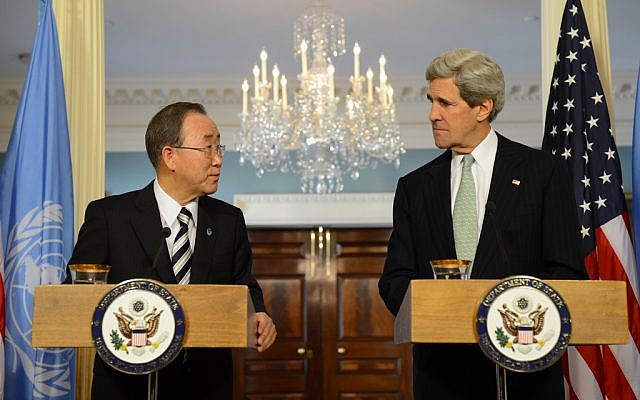 US Secretary of State John Kerry (right), and United Nations Secretary-General Ban Ki-moon address reporters after their meeting at the US Department of State in Washington, D.C., February 14 (photo credit: US State Department) US Secretary of State John Kerry (right), and United Nations Secretary-General Ban Ki-moon address reporters after their meeting at the US Department of State in Washington, D.C., February 14 (photo credit: US State Department)