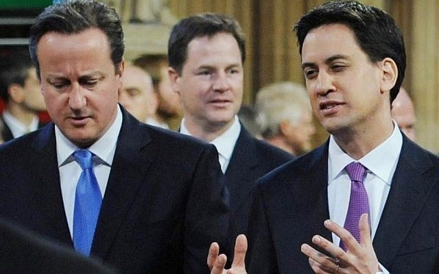 Labour leader Ed Miliband (right), with Prime Minister David Cameron at the State Opening of Parliament in 2012. (photo credit: AP Photo/Stefan Rousseau/PA Wire, Pool) Labour leader Ed Miliband (right), with Prime Minister David Cameron at the State Opening of Parliament in 2012. (photo credit: AP Photo/Stefan Rousseau/PA Wire, Pool)