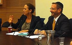 MK Ruth Calderon (left) sits next to fellow Yesh Atid MK Dov Lipman as she leads the Torah study session in the Knesset on Tuesday, February 19, 2013. (photo credit: Benjy Goldberg)
