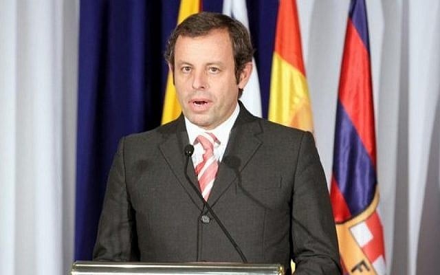 Sandro Rosell speaks in Ramat Gan, Thursday (photo credit: screen capture/OneTV)