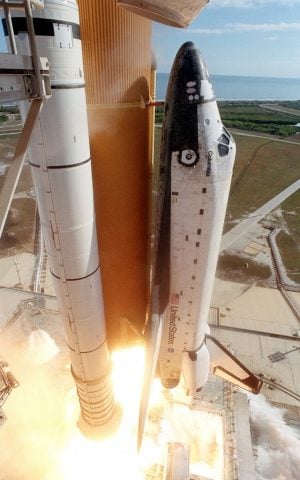 The space shuttle Columbia during liftoff from the Kennedy Space Center in Cape Canaveral, Florida, on January 16, 2003 (photo credit: AP/Chris O'Meara/File)