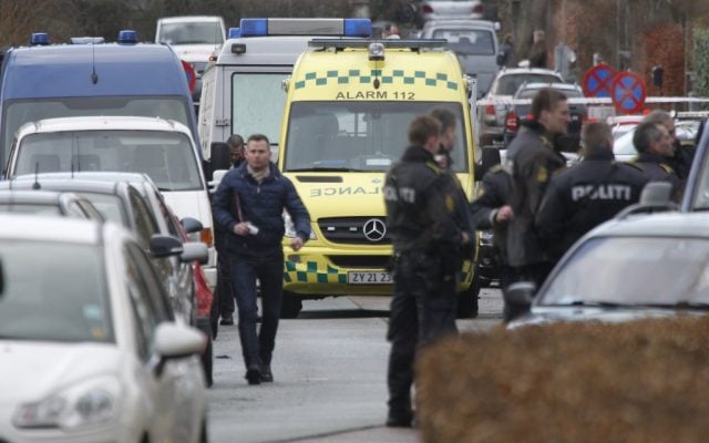 Danish police attend the crime scene after a shooting incident, Tuesday, Feb. 5, 2013, in Copenhagen, Denmark. The Danish writer and prominent Islam critic, Lars Hedegaard, survived an attempted assassination Tuesday at his home in Copenhagen (photo credit: Jens Dresling, POLFOTO/AP)