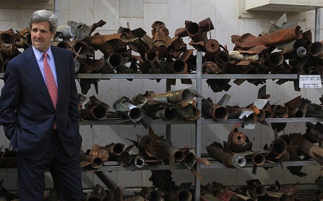 John Kerry examines the remains of rockets fired by Palestinian militants in Gaza, at a police station in the southern town of Sderot, during a regional visit in 2009 (photo credit: Tsafrir Abayov/Flash90) John Kerry examines the remains of rockets fired by Palestinian militants in Gaza, at a police station in the southern town of Sderot, during a regional visit in 2009 (photo credit: Tsafrir Abayov/Flash90)