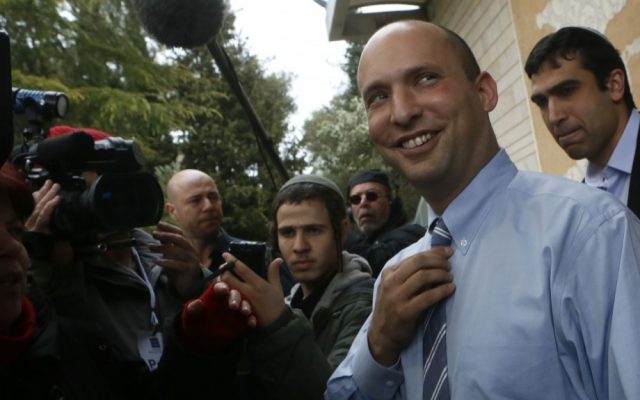 Jewish Home leader Naftali Bennett outside the residence of President Shimon Peres, on January 31, 2013. (photo credit: Miriam Alster/Flash90)