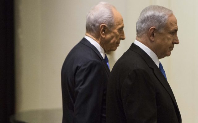 Benjamin Netanyahu, left, and Shimon Peres, leaving a ceremony Saturday night. (photo credit: Yonatan Sindel/Flash90) Benjamin Netanyahu, left, and Shimon Peres, leaving a ceremony Saturday night. (photo credit: Yonatan Sindel/Flash90)