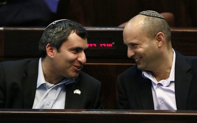 Jewish Home party leader Naftali Bennett (right) sits in Knesset with Likud's Zeev Elkin, Monday, February 11, 2013 (photo credit: Miriam Alster/Flash90) Jewish Home party leader Naftali Bennett (right) sits in Knesset with Likud's Zeev Elkin, Monday, February 11, 2013 (photo credit: Miriam Alster/Flash90)