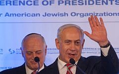 Benjamin Netanyahu addresses the Conference of Presidents, Monday (photo credit: Flash90)