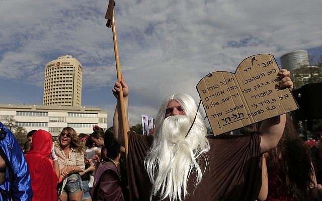 A modern Moses for Purim in Tel Aviv (photo credit: Tsafrir Abayov/Flash 90)