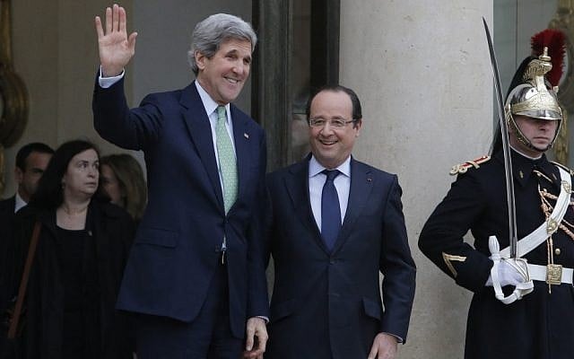 US Secretary of State John Kerry, left, is accompanied by France's President Francois Hollande after their meeting at the Elysee Palace, in Paris, on Wednesday, February 27, 2013. (photo credit: AP Photo/Francois Mori) US Secretary of State John Kerry, left, is accompanied by France's President Francois Hollande after their meeting at the Elysee Palace, in Paris, on Wednesday, February 27, 2013. (photo credit: AP Photo/Francois Mori)