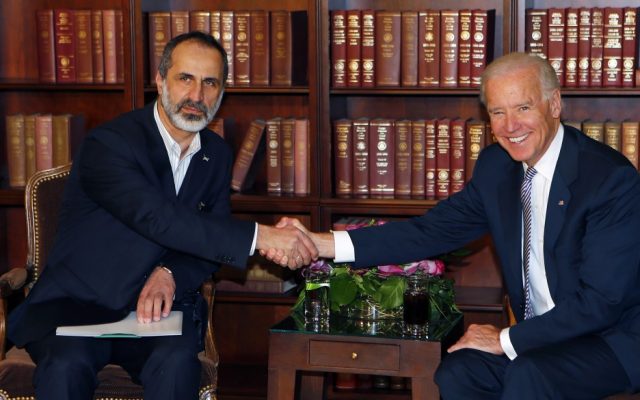 US Vice President Joe Biden, right, and Sheikh Moaz al-Khatib, Syria's top opposition leader, shake hands at the Security Conference in Munich, southern Germany, on Saturday, Feb. 2, 2013 (photo credit: AP/Matthias Schrader) US Vice President Joe Biden, right, and Sheikh Moaz al-Khatib, Syria's top opposition leader, shake hands at the Security Conference in Munich, southern Germany, on Saturday, Feb. 2, 2013 (photo credit: AP/Matthias Schrader)