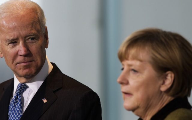US Vice President Joe Biden, left, meets the press with German Chancellor Angela Merkel in Berlin, Germany, on Friday (photo credit: AP/Markus Schreiber)