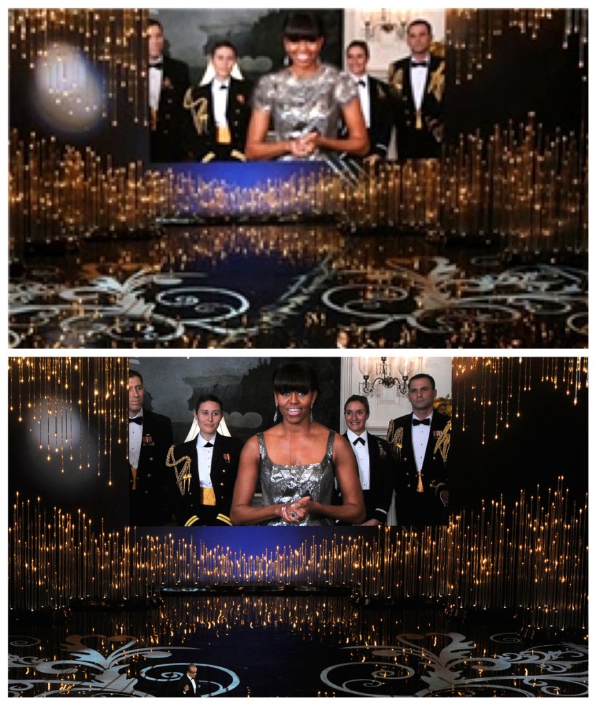 FILE - In this combination of photos made on Sunday, Feb. 24, 2013, first lady Michelle Obama, appearing via video link, and actor Jack Nicholson present the award for best picture during the Oscars ceremony at the Dolby Theatre in Los Angeles. As seen in the bottom photo, the first lady wore a sleeveless, scoop neck gown for the occasion. The photo on top is an altered version that Iran's semi-official Fars news agency ran on their website, with her shoulders and neckline covered with added material to make her gown look less revealing. [(photo credit: AP/Invision (below), Fars (above)]