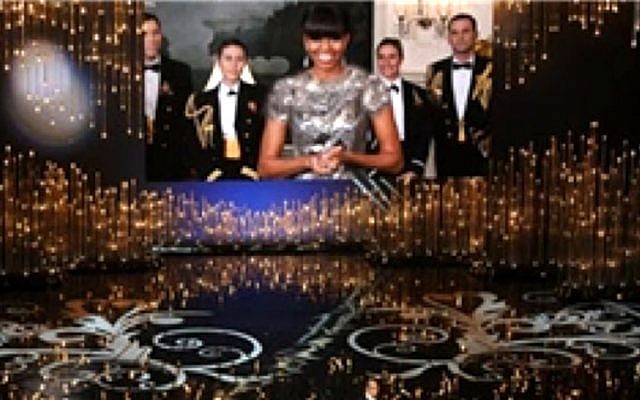 This screen grab taken from the website of Iran's semi-official Fars news agency shows an altered photo of US first lady Michelle Obama presenting the best picture award at the Oscars ceremony via video link on Sunday, Feb. 24, 2013 (photo credit: AP/Fars news agency)
