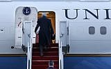 John Kerry boarding his plane at Andrews Air Force Base, MD., en route to London in his inaugural official trip as secretary of state on Sunday. (photo credit: AP/Pool, Jacquelyn Martin)