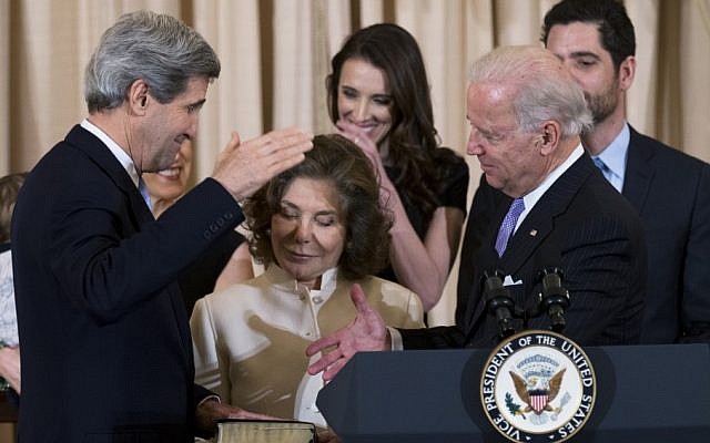 Secretary of State John Kerry, left, with his wife Teresa Heinz Kerry, center, holding the Bible, is ceremonially sworn-in as the 68th Secretary of State by Vice President Joe Biden, right, at the State Department in Washington, Wednesday, Feb. 6 (photo credit: AP/Manuel Balce Ceneta)