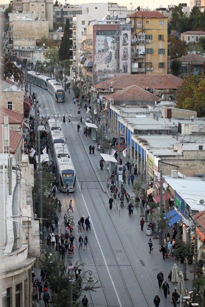 A project that reprograms the way residents see their city: The Jerusalem light rail, seen on Jaffa St. in central Jerusalem (Photo credit: Nati Shohat/Flash90)