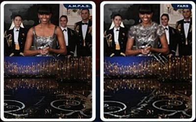 Michelle Obama with and without sleeves (photo credit: Image capture YouTube)