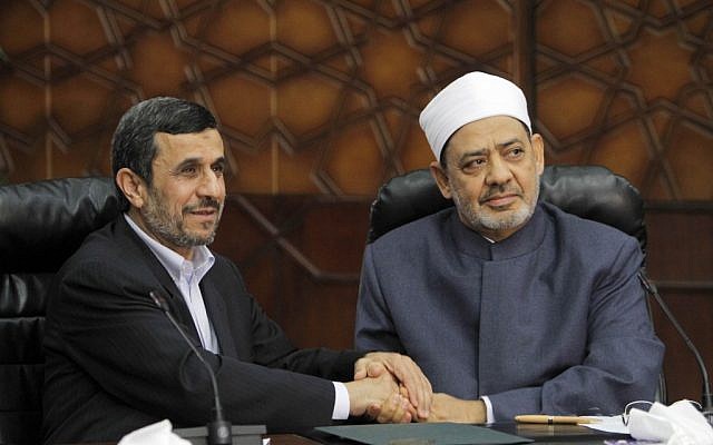 Iran's President Mahmoud Ahmadinejad meets with Grand Sheik Ahmed el-Tayeb, the head of Al-Azhar, the Sunni Muslim world's premier Islamic institution on Feb. 5, 2013. (AP/Amr Nabil) Iran's President Mahmoud Ahmadinejad meets with Grand Sheik Ahmed el-Tayeb, the head of Al-Azhar, the Sunni Muslim world's premier Islamic institution on Feb. 5, 2013. (AP/Amr Nabil)