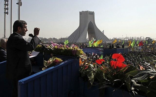 Iranian President Mahmoud Ahmadinejad speaks in Azadi Square during an annual rally commemorating the anniversary of the 1979 Islamic revolution in Tehran, Iran (photo credit: AP/Vahid Salemi)