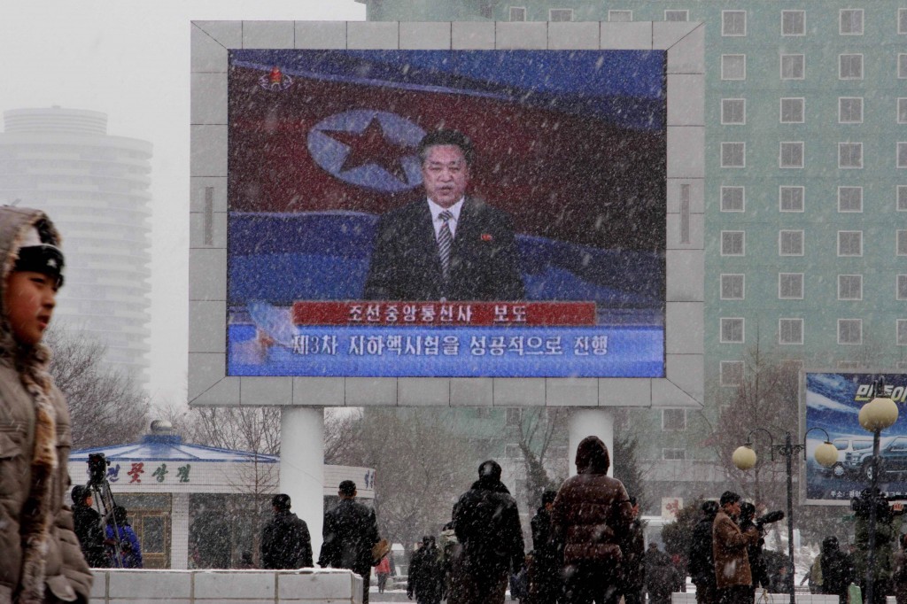 On a large television screen in front of Pyongyang's railway station, a North Korean state television broadcaster announces the news that North Korea conducted a nuclear test on Tuesday. (Photo credit: AP/Kim Kwang Hyon) On a large television screen in front of Pyongyang's railway station, a North Korean state television broadcaster announces the news that North Korea conducted a nuclear test on Tuesday. (Photo credit: AP/Kim Kwang Hyon)