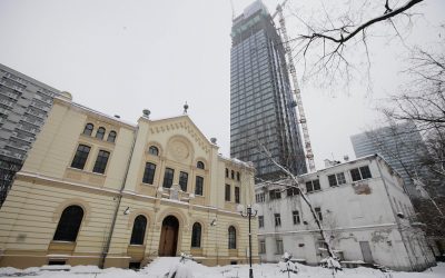 The headquarters of Warsaw’s Jewish community, right, known as the “white building,” could be torn down to make way for a taller, modern building. (Czarek Sokolowski/AP)