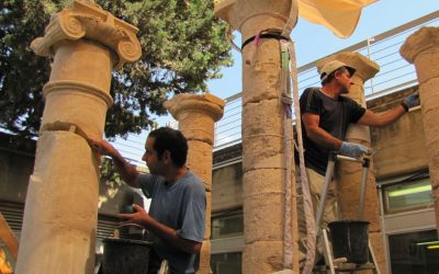 Reconstructing pillars from the theater and mausoleum at Herodium (photo credit: Andrei Vainer)