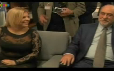 Sara Netanyahu and Supreme Court President Asher Grunis, in the Speaker's Office before Tuesday's Knesset ceremony (photo credit: Channel 10 screenshot)