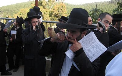Unmarried men and their supporters blow shofars at the grave of Rabbi Yonatan ben Uziel near Safed. (Ben Sales/JTA)