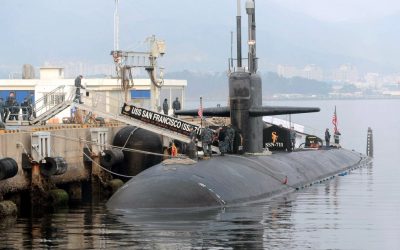A US nuclear-powered submarine, is docked before South Korea and US joint military exercises, at Jinhae naval base, South Korea, on February 1. (AP/Yonhap)