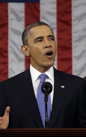 President Barack Obama, flanked by Vice President Joe Biden and House Speaker John Boehner of Ohio, gives his State of the Union address during a joint session of Congress on Capitol Hill in Washington, Tuesday Feb. 12, 2013. (photo credit: AP/Charles Dharapak)