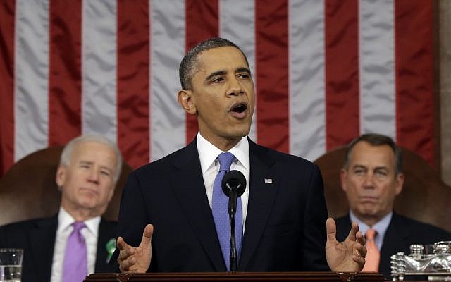 President Barack Obama, flanked by Vice President Joe Biden and House Speaker John Boehner of Ohio, gives his State of the Union address during a joint session of Congress on Capitol Hill in Washington, Tuesday Feb. 12, 2013. (photo credit: AP/Charles Dharapak)