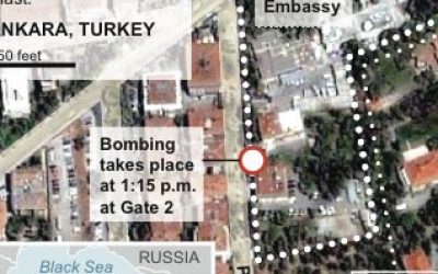Satellite map locates Ankara, Turkey site of a US embassy explosion. (photo credit: AP)