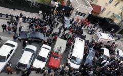Elevated view of the side entrance of the U.S. Embassy in the Turkish capital, Ankara, after a suspected suicide bomber detonated an explosive device on Friday Feb. 1, 2013. (photo credit: AP)