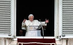 Pope Benedict XVI delivers his blessing during his last Angelus noon prayer, from the window of his studio overlooking St. Peter's Square, at the Vatican, Sunday, Feb. 24, 2013. (photo credit: AP/Andrew Medichini)