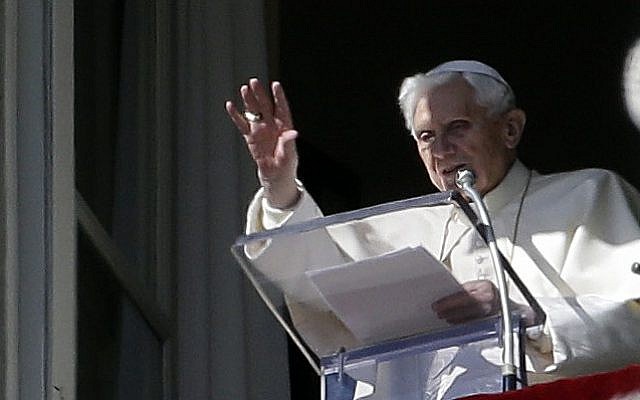 Pope Benedict XVI greets the faithful from his studio's window overlooking St.Peter's square at the end of the Angelus noon prayer, at the Vatican, Sunday, Feb. 10, 2013 (photo credit: AP/Gregorio Borgia) Pope Benedict XVI greets the faithful from his studio's window overlooking St.Peter's square at the end of the Angelus noon prayer, at the Vatican, Sunday, Feb. 10, 2013 (photo credit: AP/Gregorio Borgia)