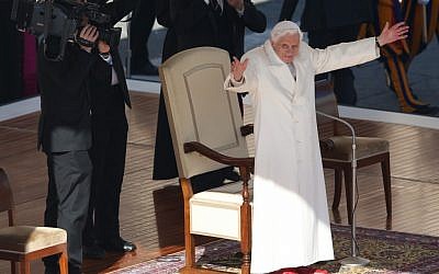 Pope Benedict XVI waves to pilgrims in St. Peter's Square at the Vatican, Wednesday, Feb. 27, 2013. (photo credit: AP/Luca Bruno)