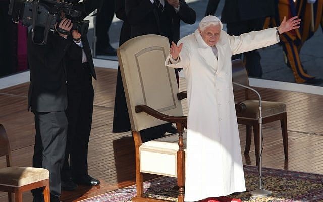 Pope Benedict XVI waves to pilgrims in St. Peter's Square at the Vatican, Wednesday, Feb. 27, 2013. (photo credit: AP/Luca Bruno)