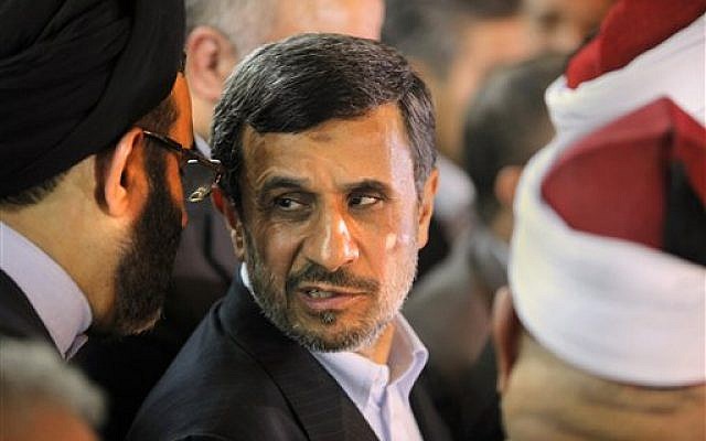 Iranian President Mahmoud Ahmadinejad attends a press conference with Egyptian Sunni clerics at Al-Azhar headquarters in Cairo, Tuesday, Feb. 5, 2013 (photo credit: AP/Amr Nabil)
