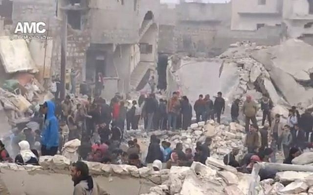 A screenshot from a video released by the Aleppo Media Center showing the rubble of Jabal Badro. (Screenshot via YouTube)