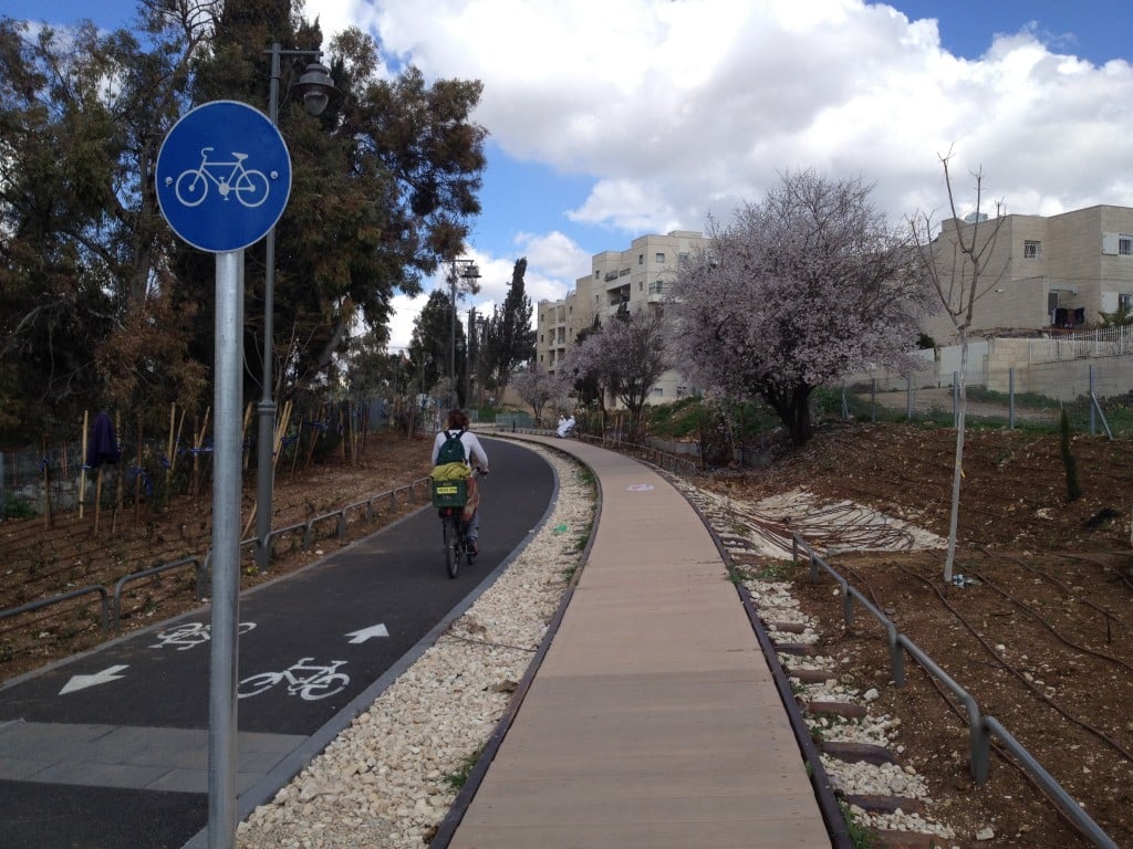 Running along a defunct train track, a new bike path links an old British Mandate train station to the city's main shopping mall via residential neighborhoods, an industrial zone and an Arab village (Photo credit: Matti Friedman/Times of Israel)
