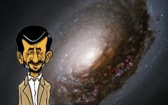 Space is the place (Illustration of Mahmoud Ahmadinejad by Arie Katz/The Times of Israel. Photo of M64 Spiral Galaxy CC BY NASA)