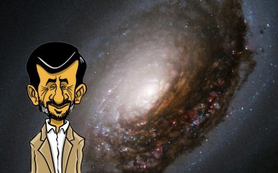Space is the place (Illustration of Mahmoud Ahmadinejad by Arie Katz/The Times of Israel. Photo of M64 Spiral Galaxy CC BY NASA)