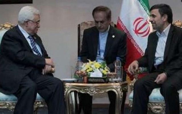 Mahmoud Abbas and Mahmoud Ahmadinejad in Cairo on February 6 (photo credit: IRNA screenshot)