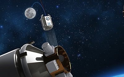 An early 2013 artist's rendering of the proposed orbit launch for the SpaceIL craft. (Courtesy)