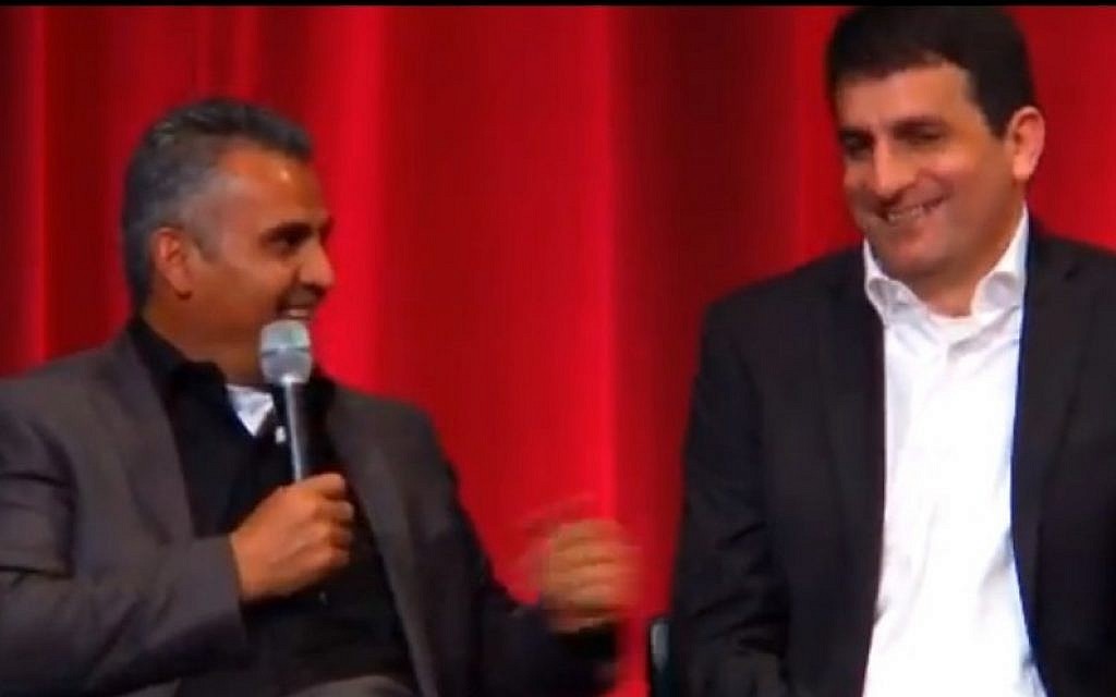 Emad Burnat (left) and Dror Moreh at a pre-awards 'Oscar Celebrates: Docs' event in Los Angeles last week (photo credit: YouTube screenshot)