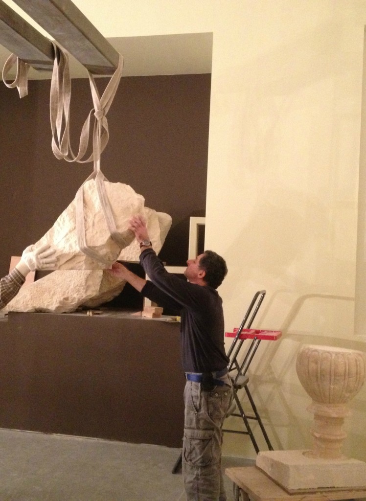 When the upper roof of Herod's mausoleum proved to be too tall for the ceiling of the museum's exhibition room, museum staff was forced to place it in another corner of the space (photo credit: Jessica Steinberg/Times of Israel)